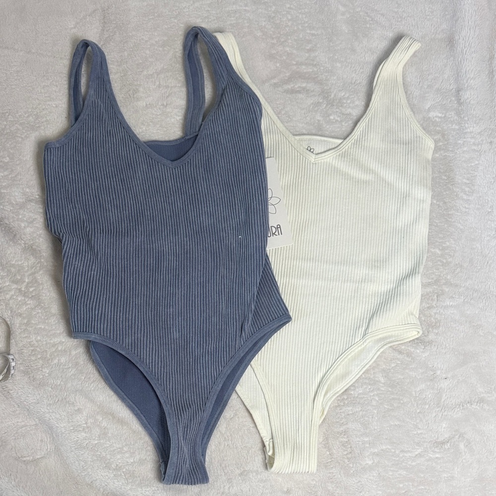 Aura Ribbed Bodysuit Set - Blue and Cream